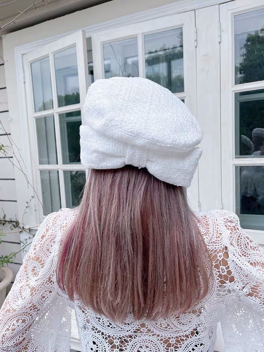 白 パール ビジュー ベレー帽 キャスケット ストライプ リボン 帽子 白