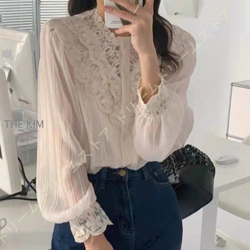 大好評 シャツ ブラウス 春 レディース 長袖 花柄 柄 シースルー カットソー 立ち襟 レース きれいめ 刺繍ブラウス 花柄 無地 カジュアル フォーマル 事務服 トップス