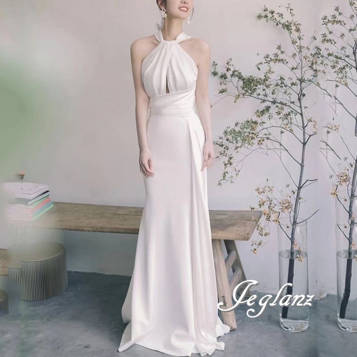 モダン シック ウエディングドレス 背中 クロス ホルターネック リボン(M4463)ο