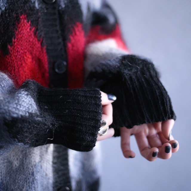 "mohair" gradation pattern no-collar knit jacket