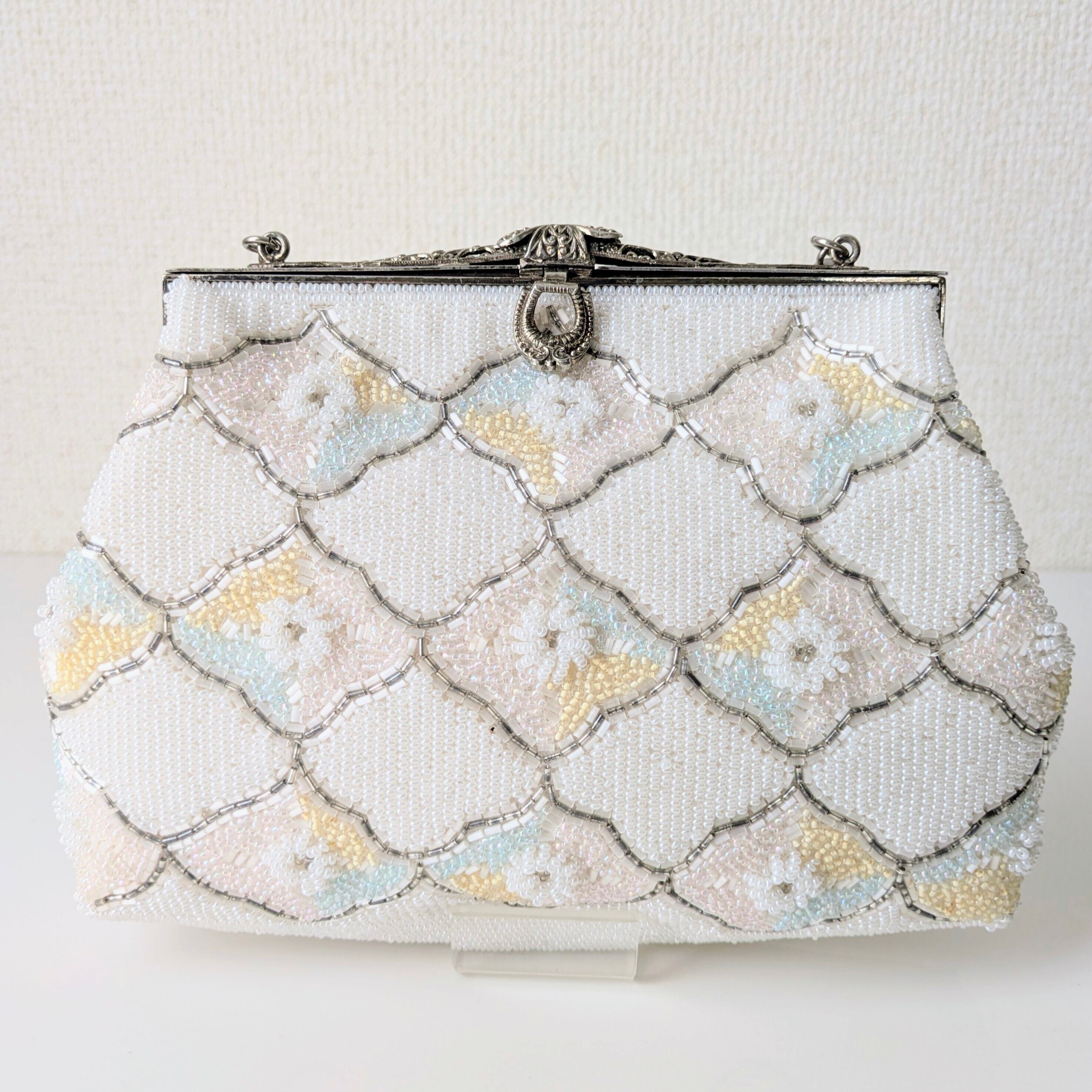 Vintage】ビーズ刺繍バッグ 白 菱形 パステルカラー 小花 パーティー
