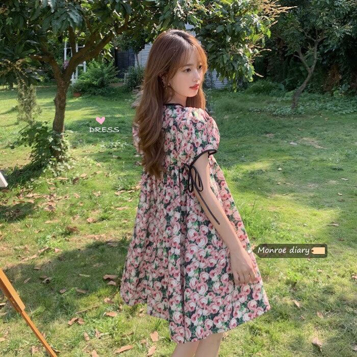 スリーブフローラルドレス スタンダードAラインショートスカート サマー レトロ 大人ガーリー スウィート キュート カジュアル 夏物 花柄 モンロー47822829376