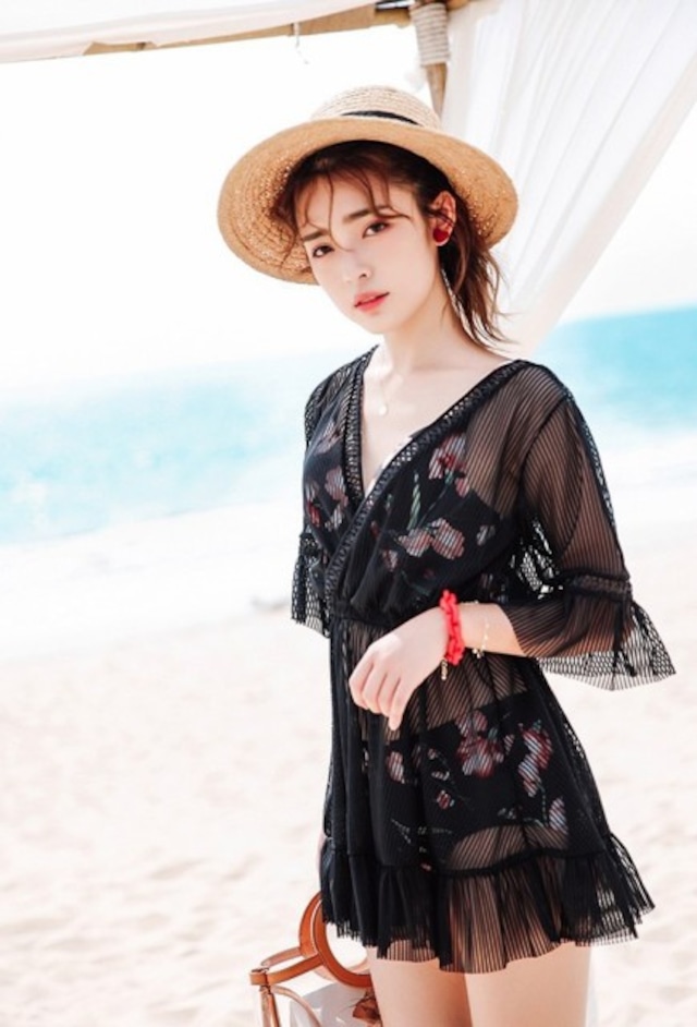 水着 ビキニ セパレート フリル 黒 カシュクール ワンピース付 3点 体型カバー 花柄 セクシー ナイトプール インスタ [A00849]
