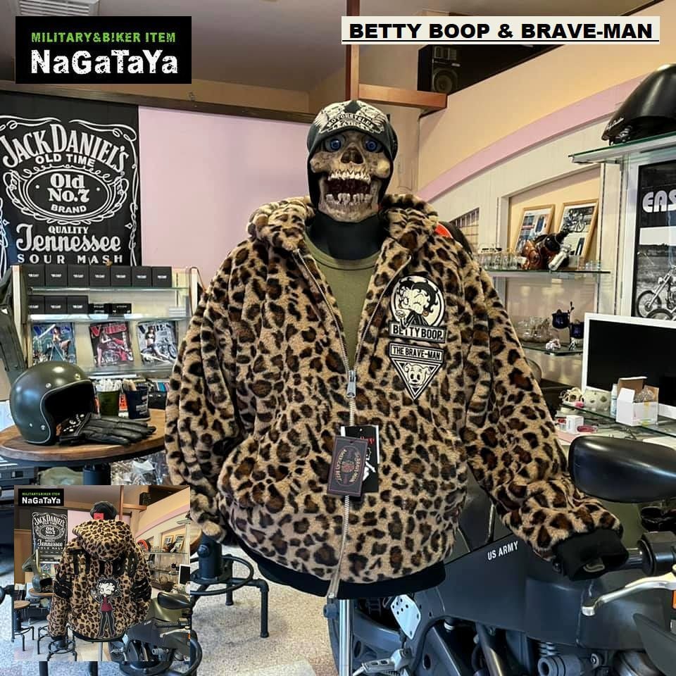 ブレイブマンベティブープ コラボ ロゴ ファージャケット レオパード(ヒョウ柄)アウター メンズ THE BRAVE MAN Betty Boop  BBB-214 MB3Nagataya