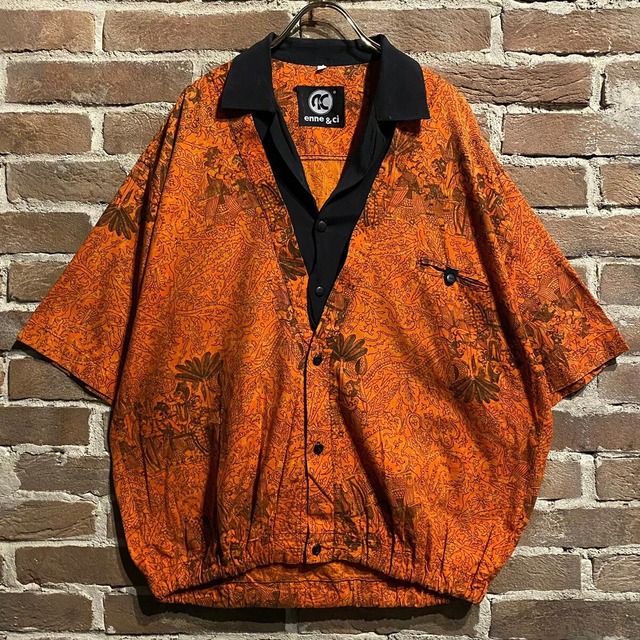 【Caka act3】Orange Coloring Plant x Tribe Pattern Layered Collar Gimmick Loose S/S Shirt