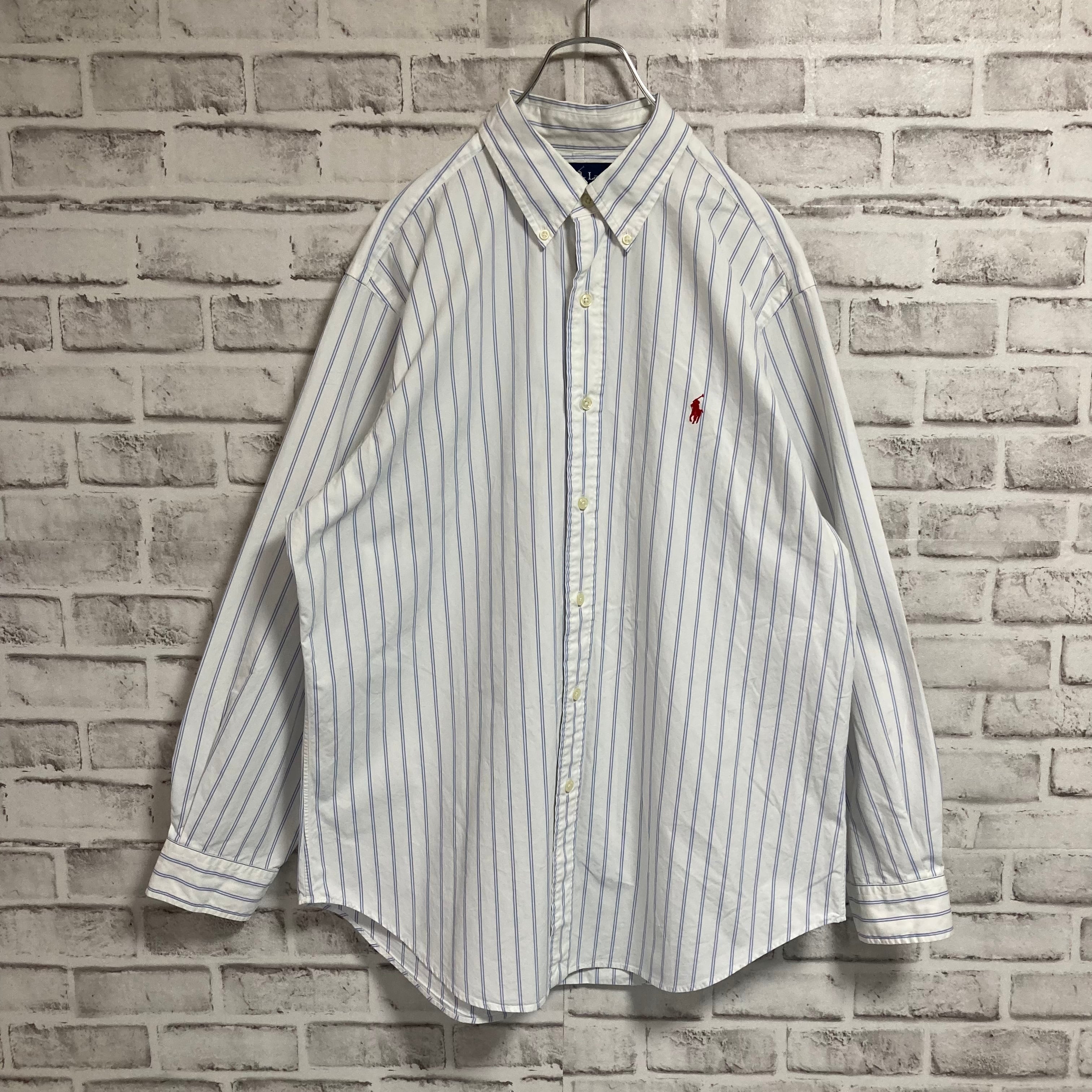 【Ralph Lauren】L/S Stripe BD Shirt L相当 90s ラルフローレン ストライプ BDシャツ ボタンダウン 長袖  ポニーロゴ 刺繍ロゴ 胸ロゴ アメリカ USA 古着