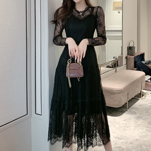 ワンピース レディース 春夏 秋冬 春 夏 秋 冬 黒 ロングワンピース ドレス 長袖 ロング ドレスワンピース ミディアムドレス 花柄 レース ワンピース ティアード フリル ミモレドレス ひざ下ワンピース ミモレワンピ シースルー キャバドレス キャバ嬢 ナイトドレス きれい