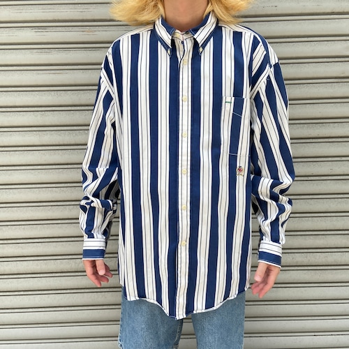 TOMMY HILFIGER ストライプ柄ボタンダウン長袖シャツ　ネイビー　XL