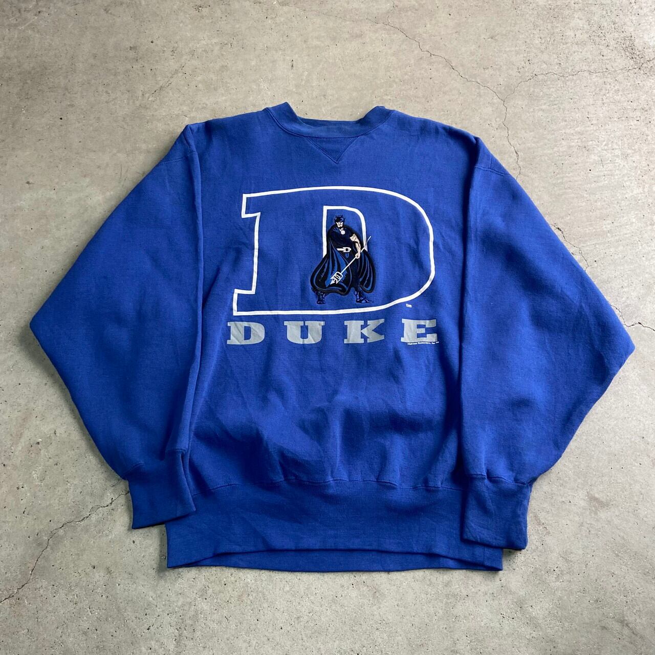 90年代 DUKE キャラクター刺繍 カレッジ ロゴプリント スウェットシャツ メンズXL相当 古着 トレーナー ブルー 90s ヴィンテージ  ビンテージ【スウェット】【CS2212-30】【SW20】【AN20】 | cave 古着屋【公式】古着通販サイト powered by BASE