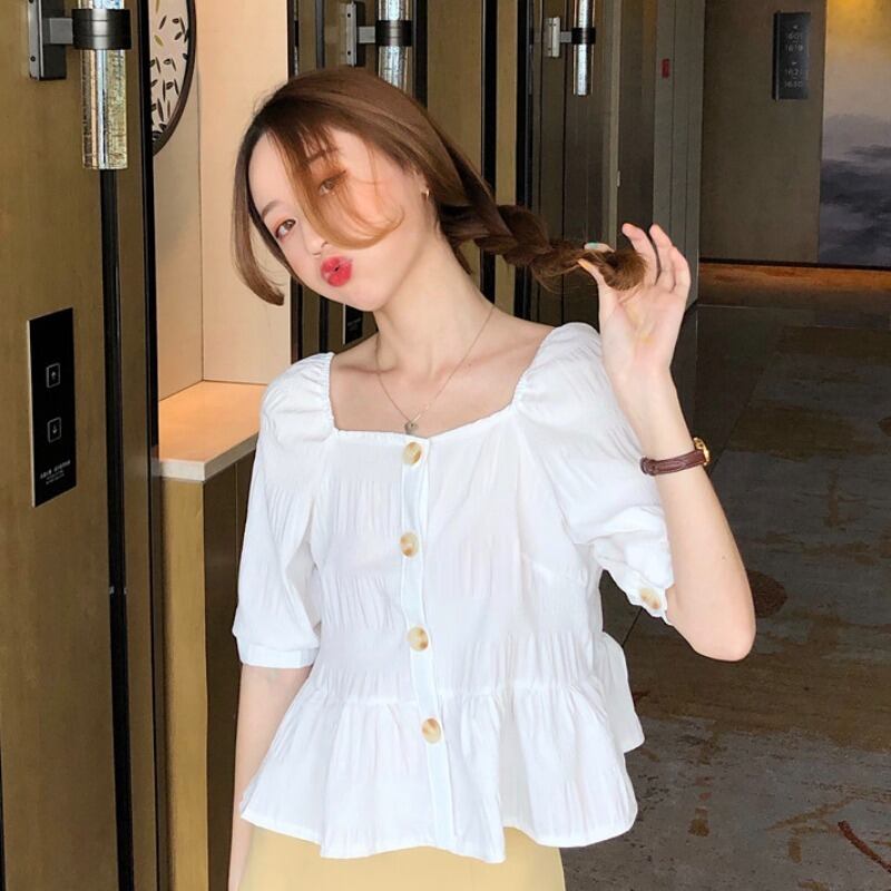 センスニッチスクエアカラーレディースシャツ夏の新しいフランスの半袖白いシャツイン風蓮の葉トップ 1号婦人56672236130