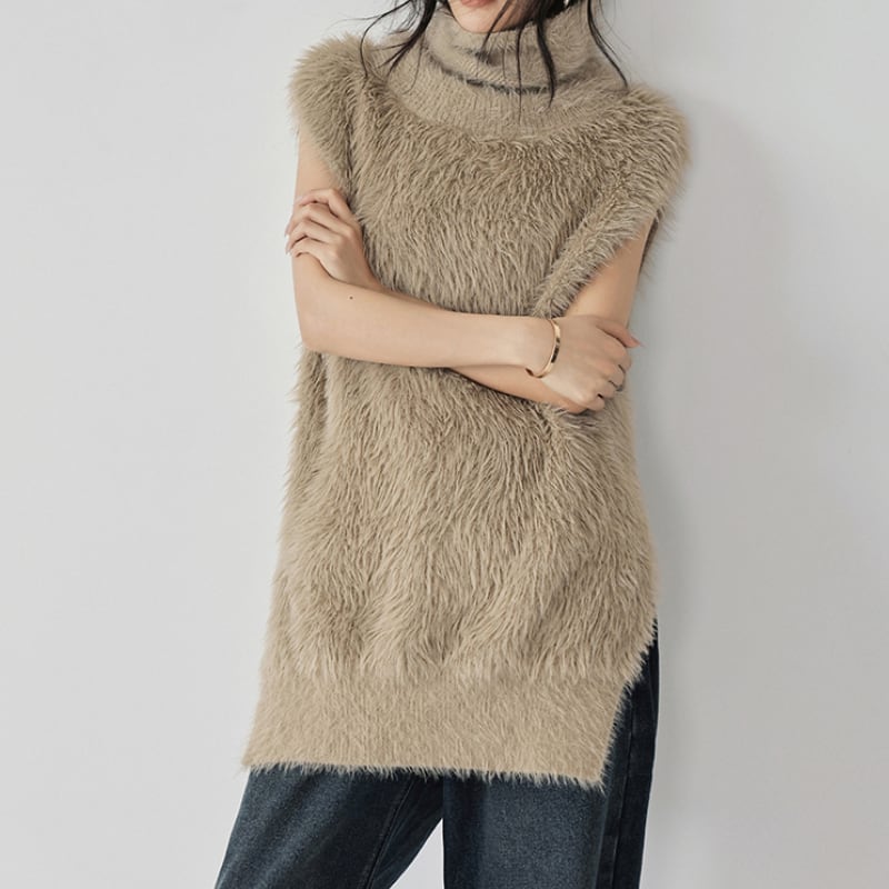 Fake fur sleeveless knit 2 colors V1752