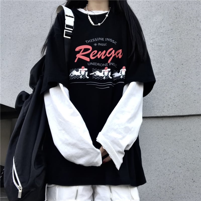 【即納】 フェイクツーピース 長袖Tシャツ ルーズカジュアル 即納 Lサイズ