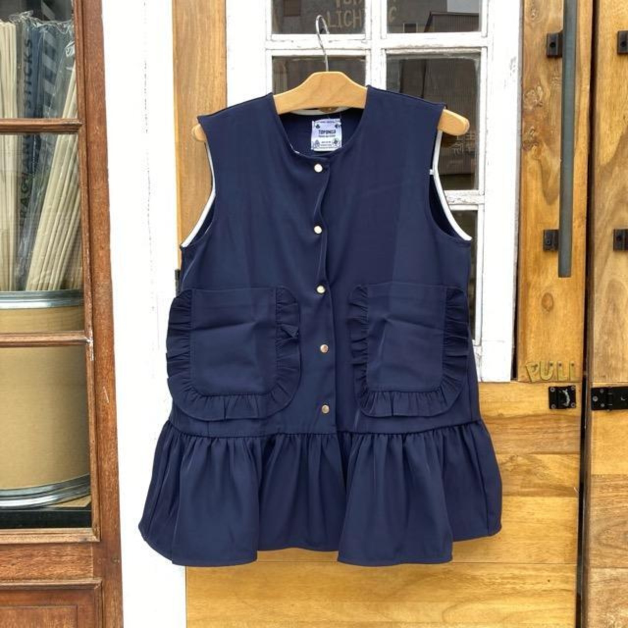 Topanga Lady's　フリルポケットショートジレ　ネイビー　ワンピース　トップス　タンクトップ　チュニック　シンプル　重ね着