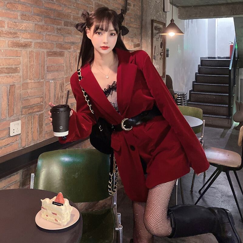 ジャケット スタンダードゴールドベルベットレッドルーズスタイルウェストオータムウィンター レトロ 秋物 冬物 ブラックストロベリース92391747031