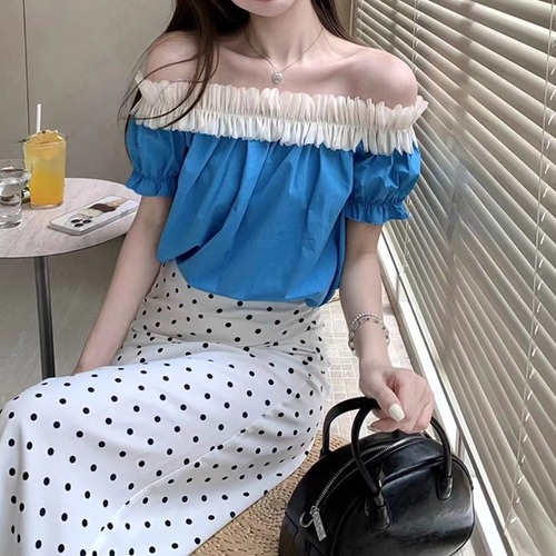 【2点セット】配色オフショルダートップス＋ドット柄ロングスカート ・70795