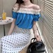 【2点セット】配色オフショルダートップス＋ドット柄ロングスカート ・70795