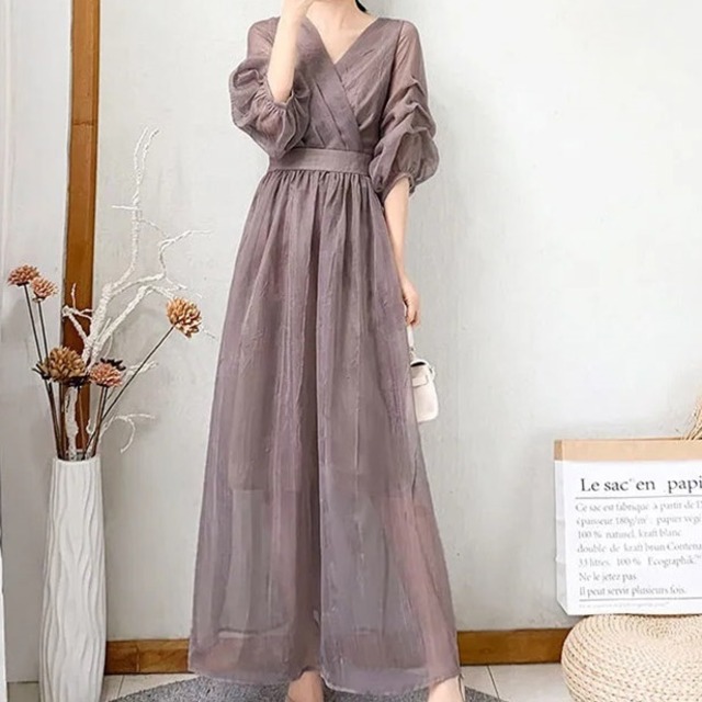 V-Neck Bubble Sleeve Long One-piece T1116