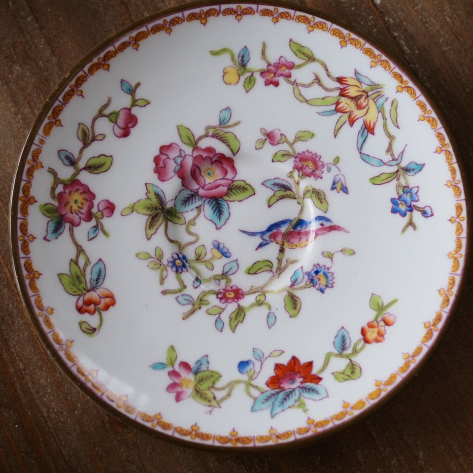 希少コールポート 英国アンティーク 花鳥図 カッコウ トリオ カップ