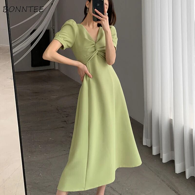 【新作】【送料無料】 ロングドレスの女性フレンチスタイル夏パフスリーブ V ネック固体エレガントなヴィンテージ入札美的ストリートベーシックデザイン女性 0247715093260