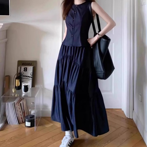 【2点セット】フロントボタンノースリーブトップス＋ティアードマキシスカート ・69995