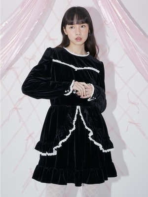 [MARGARIN FINGERS] FRILL VELVET ONE-PIECE (BLACK) 正規品  韓国 ブランド 韓国ファッション 韓国代行 マーガリンフィンガーズ 日本 店舗