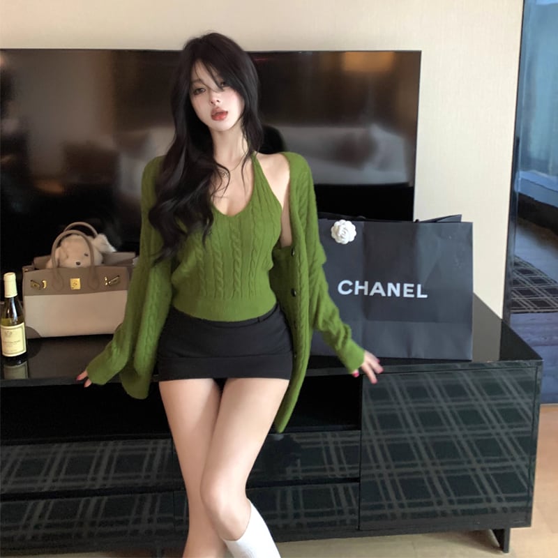 【set】ホルターネックニットトップス×カーディガンセット Q6678