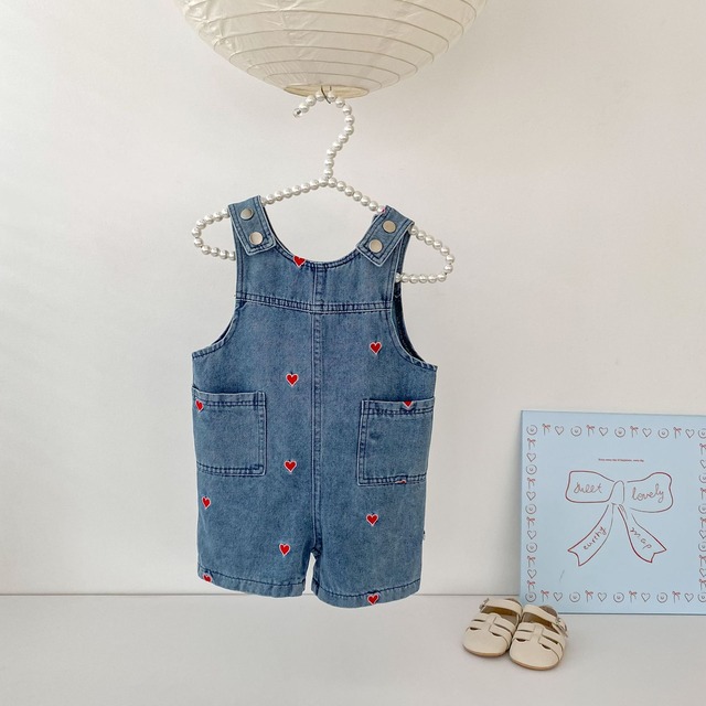 【BABY】ハート刺繍ウォッシュデニムサロペットパンツ - 8