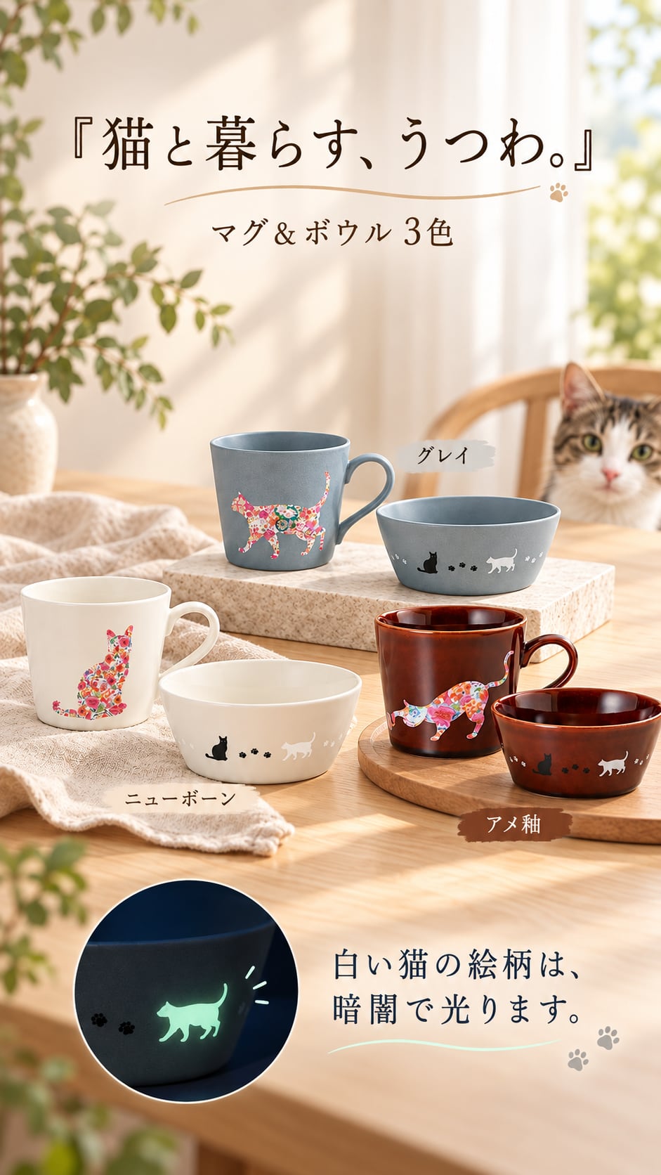 にゃんにゃんセット♪ 温感猫マグ＆蓄光ネコボウル BASE特別価格