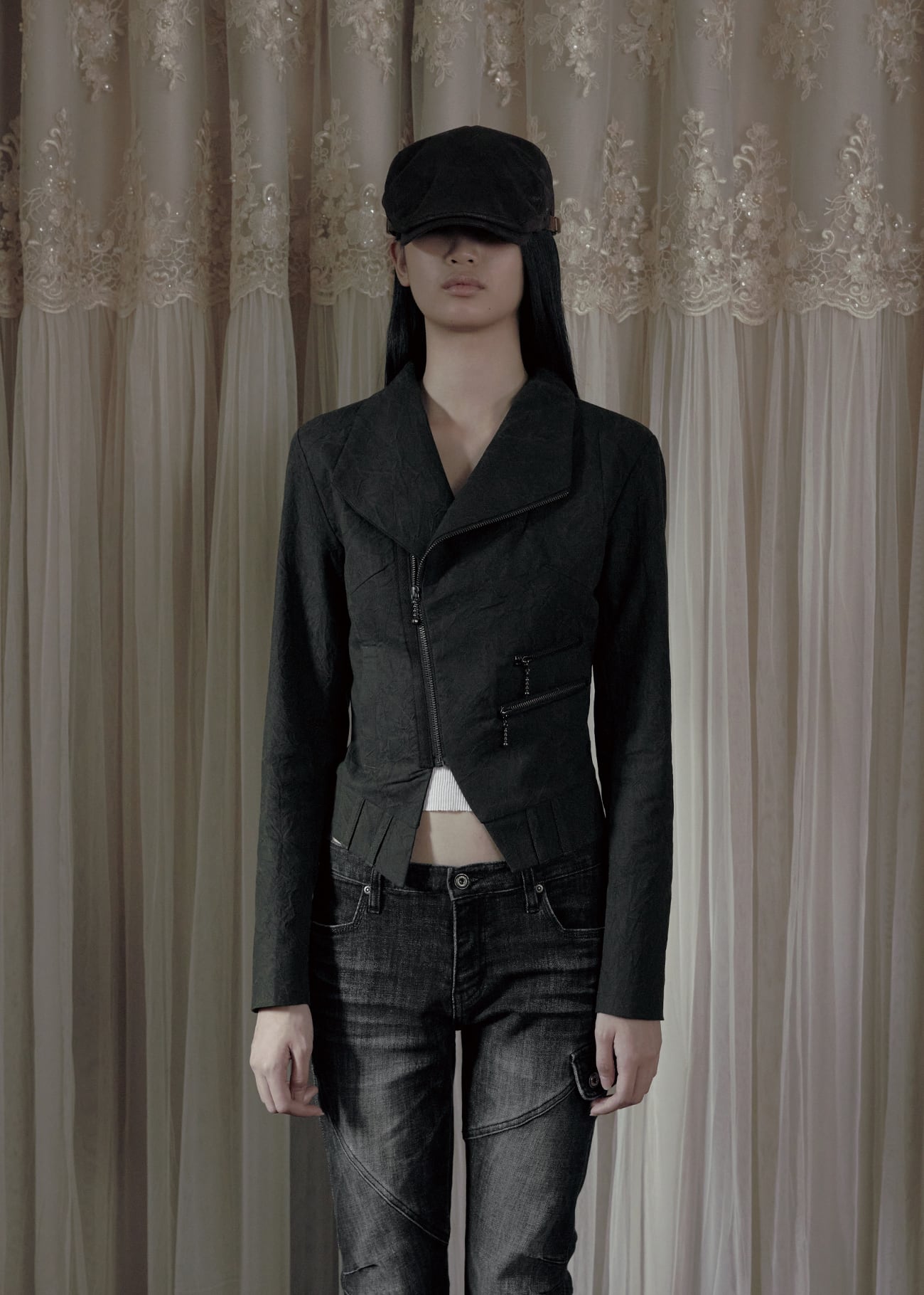 BOHEMIAN SEOUL] CREASED DIAGONAL ZIP JACKET, KHAKI BROWN 正規品