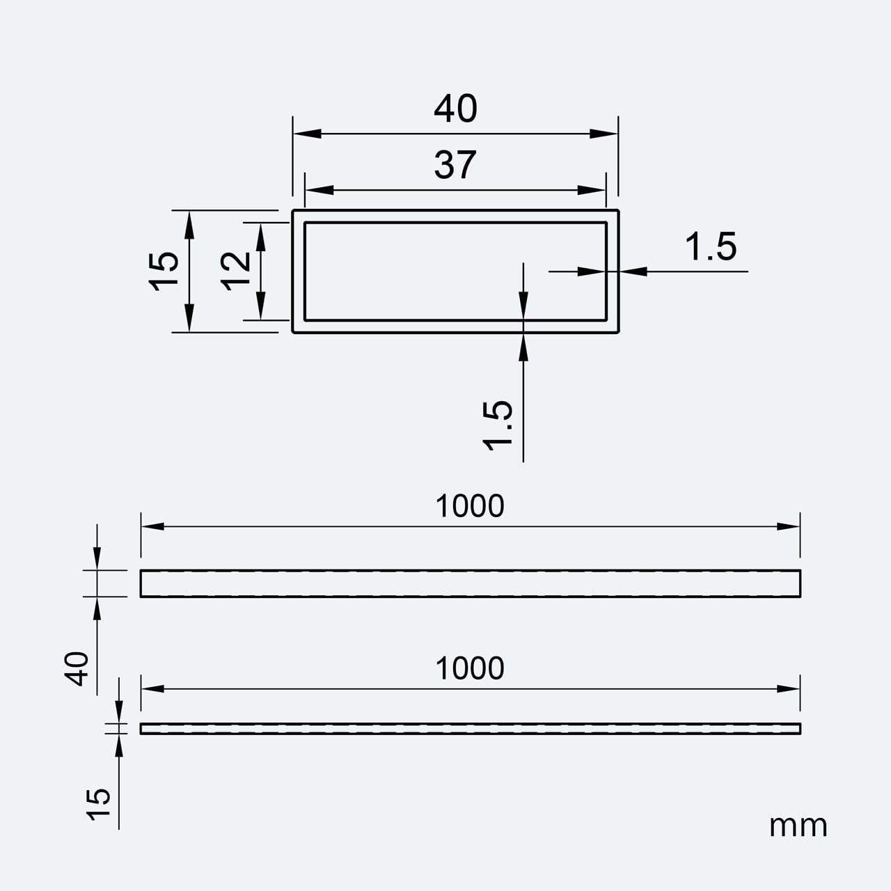 カーボン角パイプ 辺40 x 15mm 厚み1.5mm 長さ1,000mm