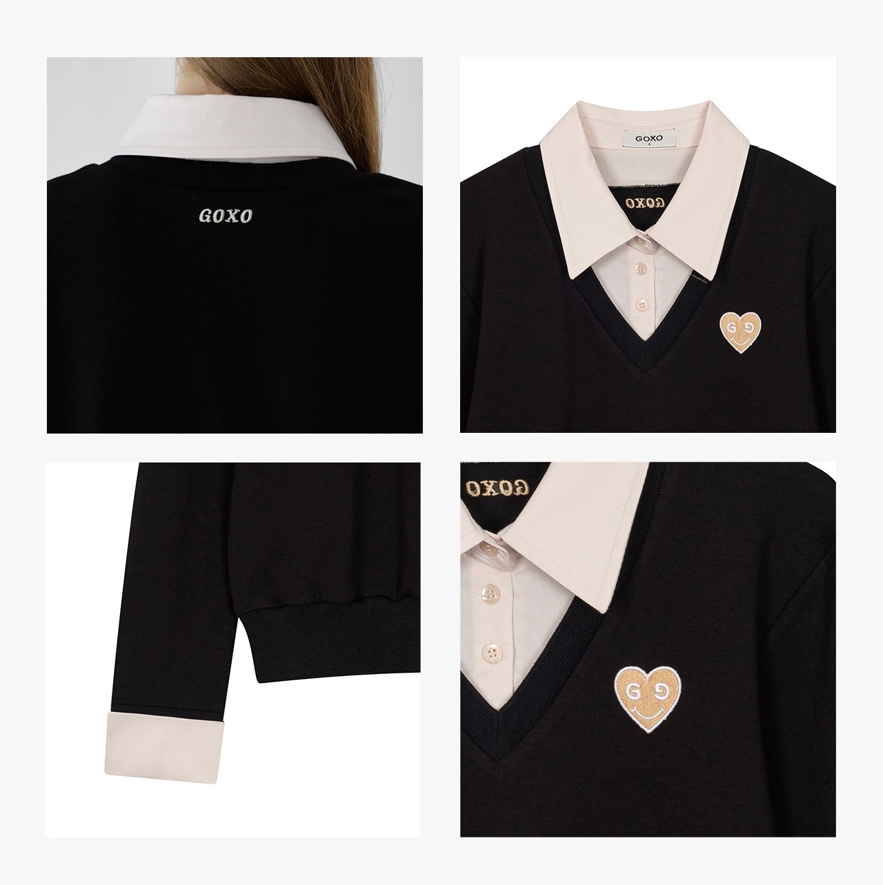 GOXO ゴーエックスオー スマイルハートシャツVネックマンツーマン ブラック