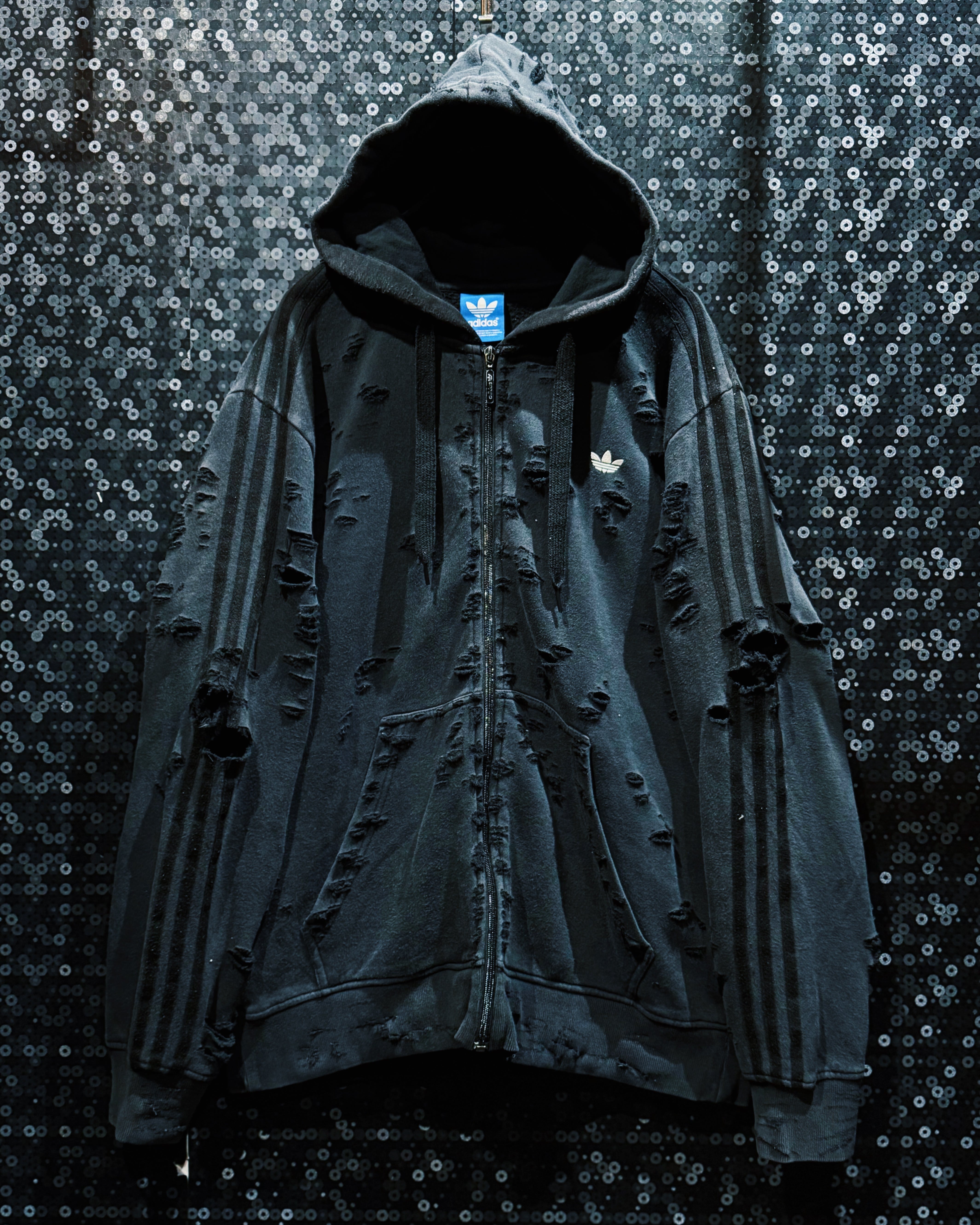 【ÆIEM】original”boro”remake” “adidas” vintage Triple-Stripe Heavy Destroyed Zip Hoodie