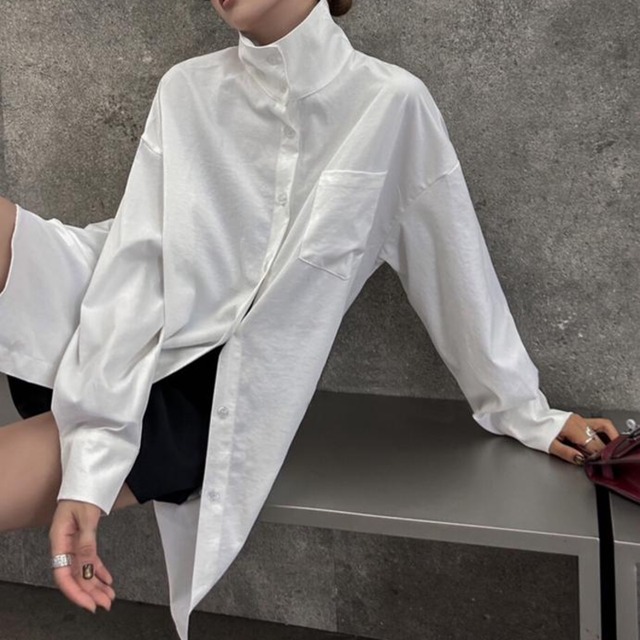 Oversized stand collar long shirt 2 colors　V2049