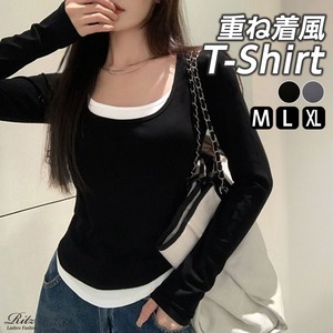 Tシャツ 長袖 レイヤード風 レディース 春秋 韓国 トップス きれいめ 大人 おしゃれ カジュアル Uネック 重ね着風 細身 大人可愛い 大人女子