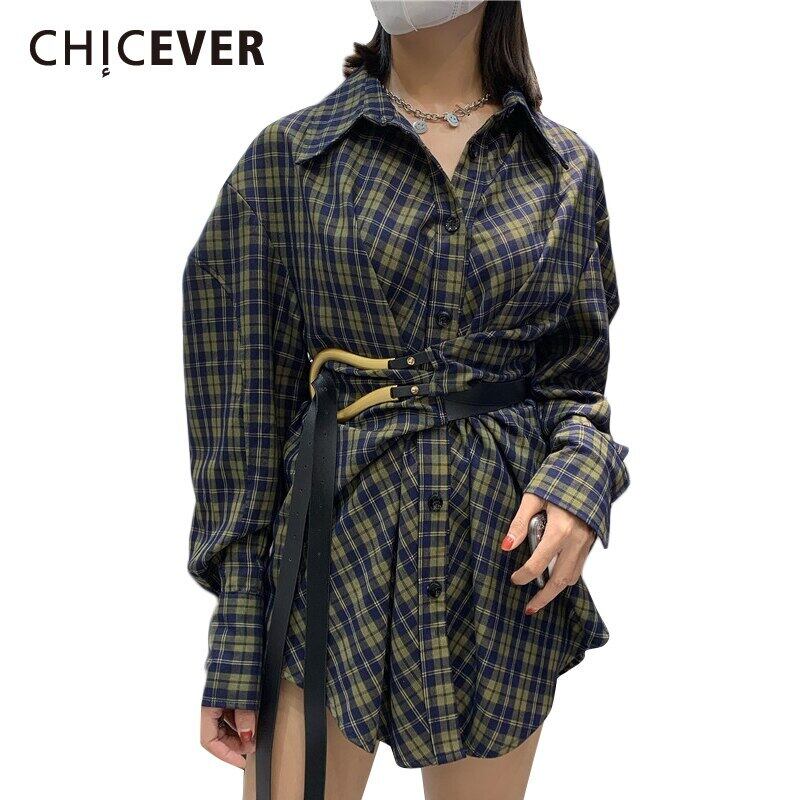 CHICEVERチェック柄ルーズシャツレディースラペル長袖ウエストパッチワークサッシ付きストリートウェアブラウス2020 ロング 6base571837639074