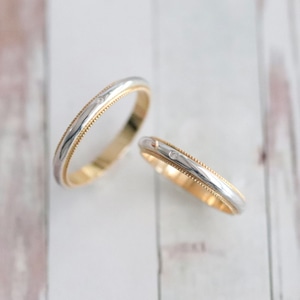 【結婚指輪】甲丸_ダブル2カラー_ミルグレイン_ベース3.0mm_ダイヤモンド1P_Pt900×K18YG