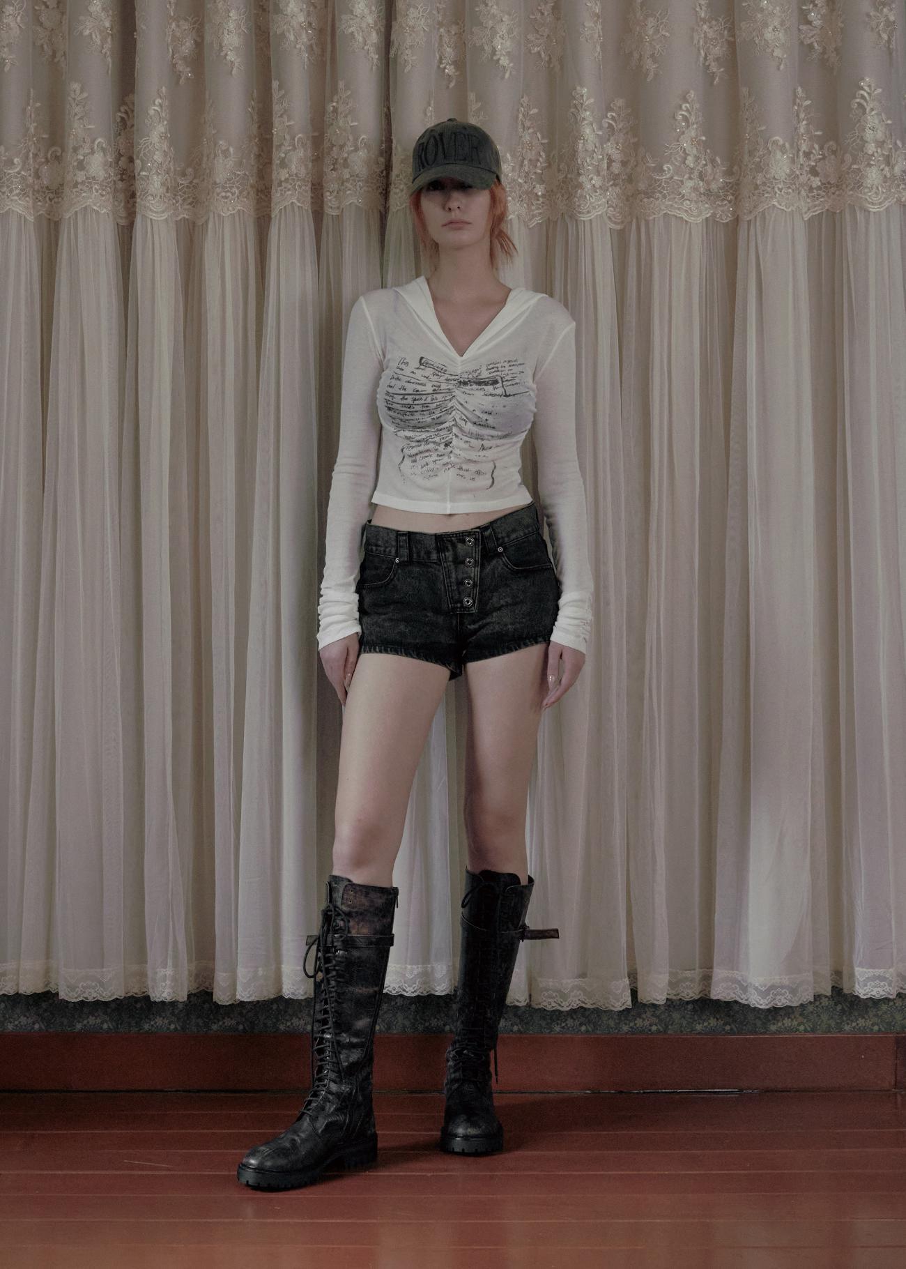 BOHEMIAN SEOUL] BUTTON FLY DENIM SHORTS, DEEP KHAKI 正規品 韓国