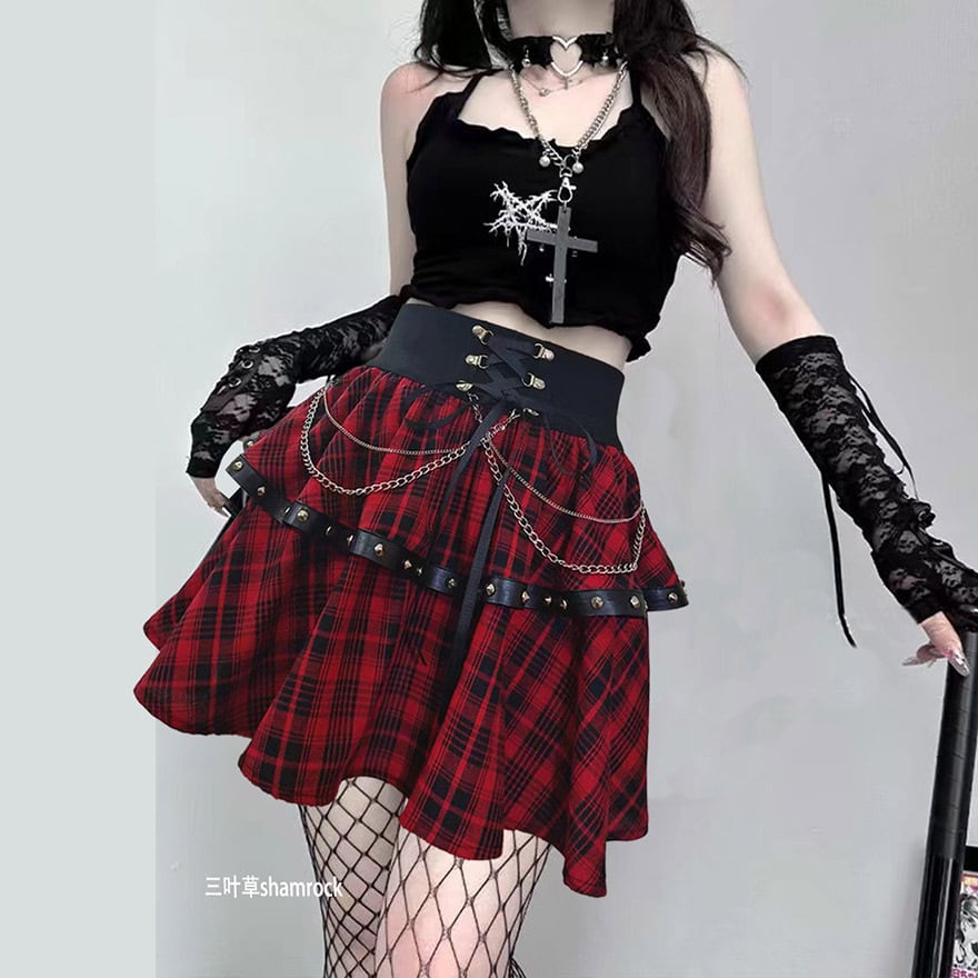 甘辛MIX ミニスカート レースアップ 編み上げ チェック柄｜天使と悪魔