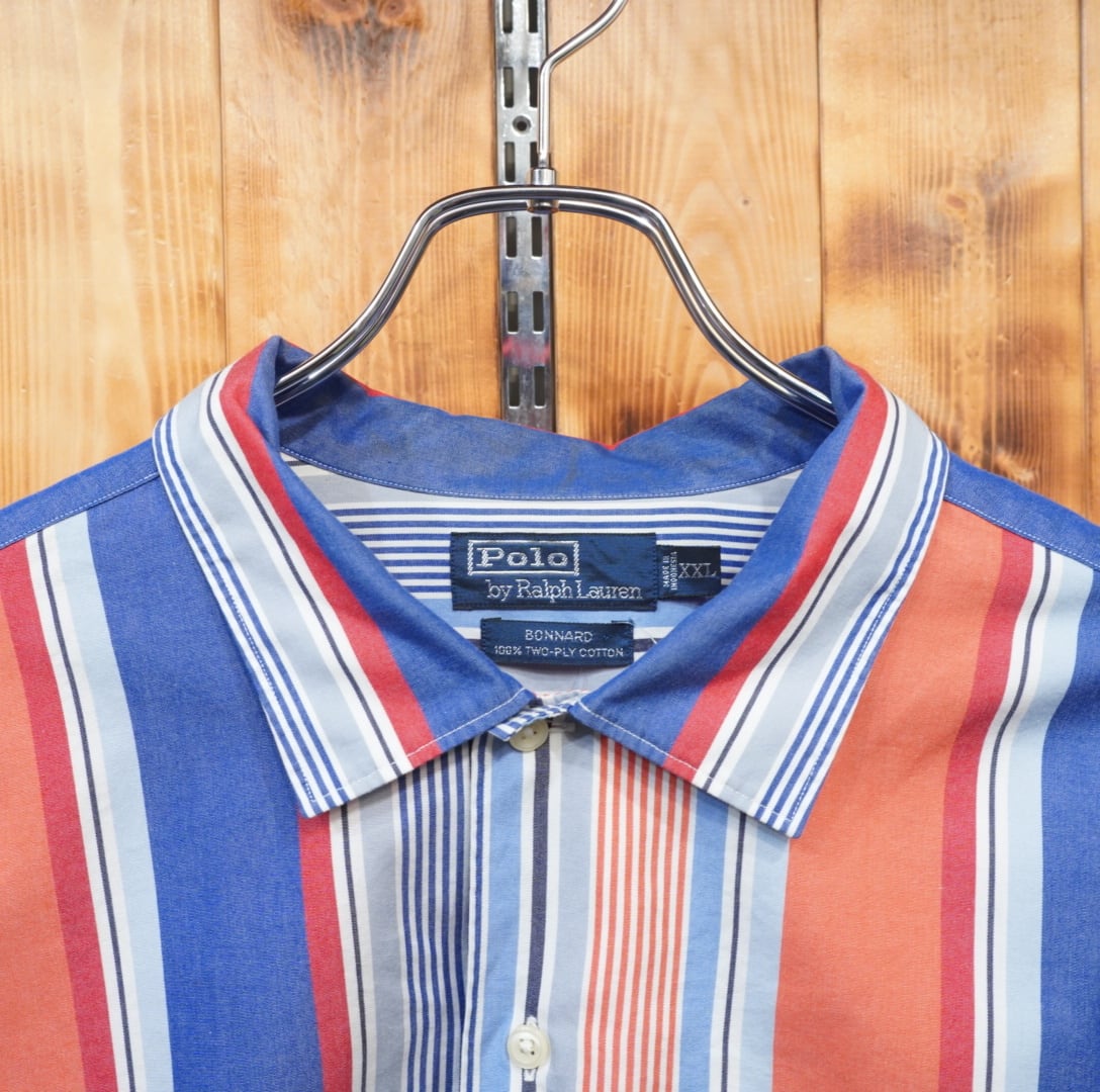 90s ralphlauren bonnard ストライプ 長袖シャツ XXL/開襟シャツ