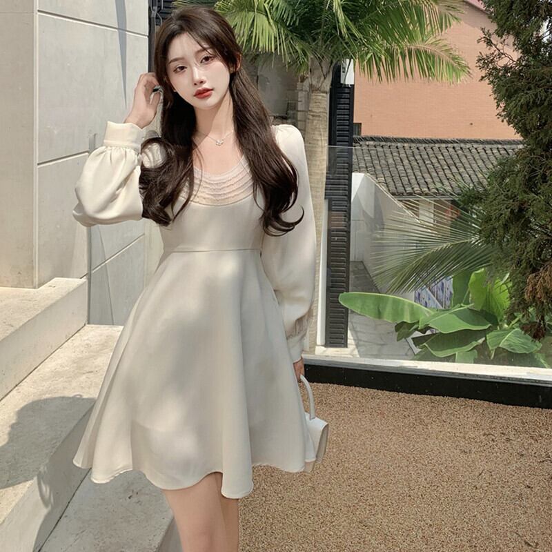 ホワイトドレス オータムスタイルウェストAラインショートスカート カラー 大人ガーリー スウィート キュート カジュアル 秋物 スクウェア ガールズファッション84938058728