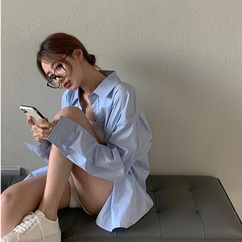 香港スタイルのレトロな青いシャツジャケット女性の秋長袖ルーズルーズアウターウェアオールマッチシャツデザインニッチトップス ブラックストロベリース63813905991