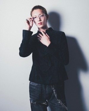 Vintage suede leather frill design zip up short jacket "BLACK"