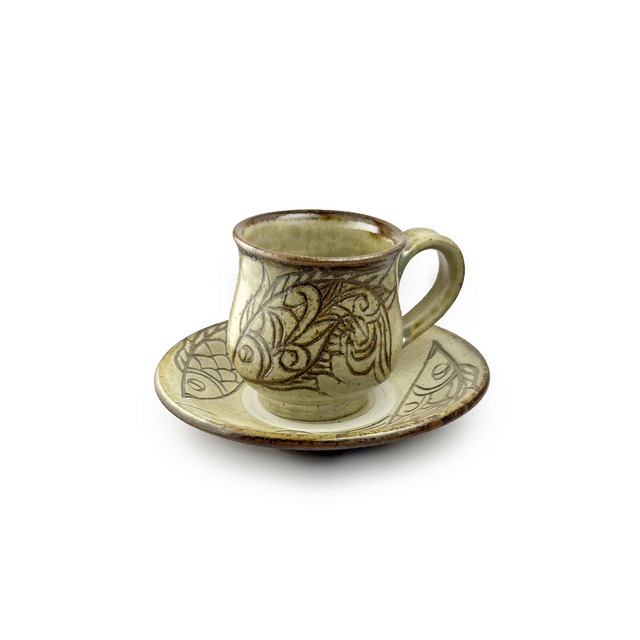 【金城陶器 秀陶房】カップ＆ソーサー 魚白 [やちむん]