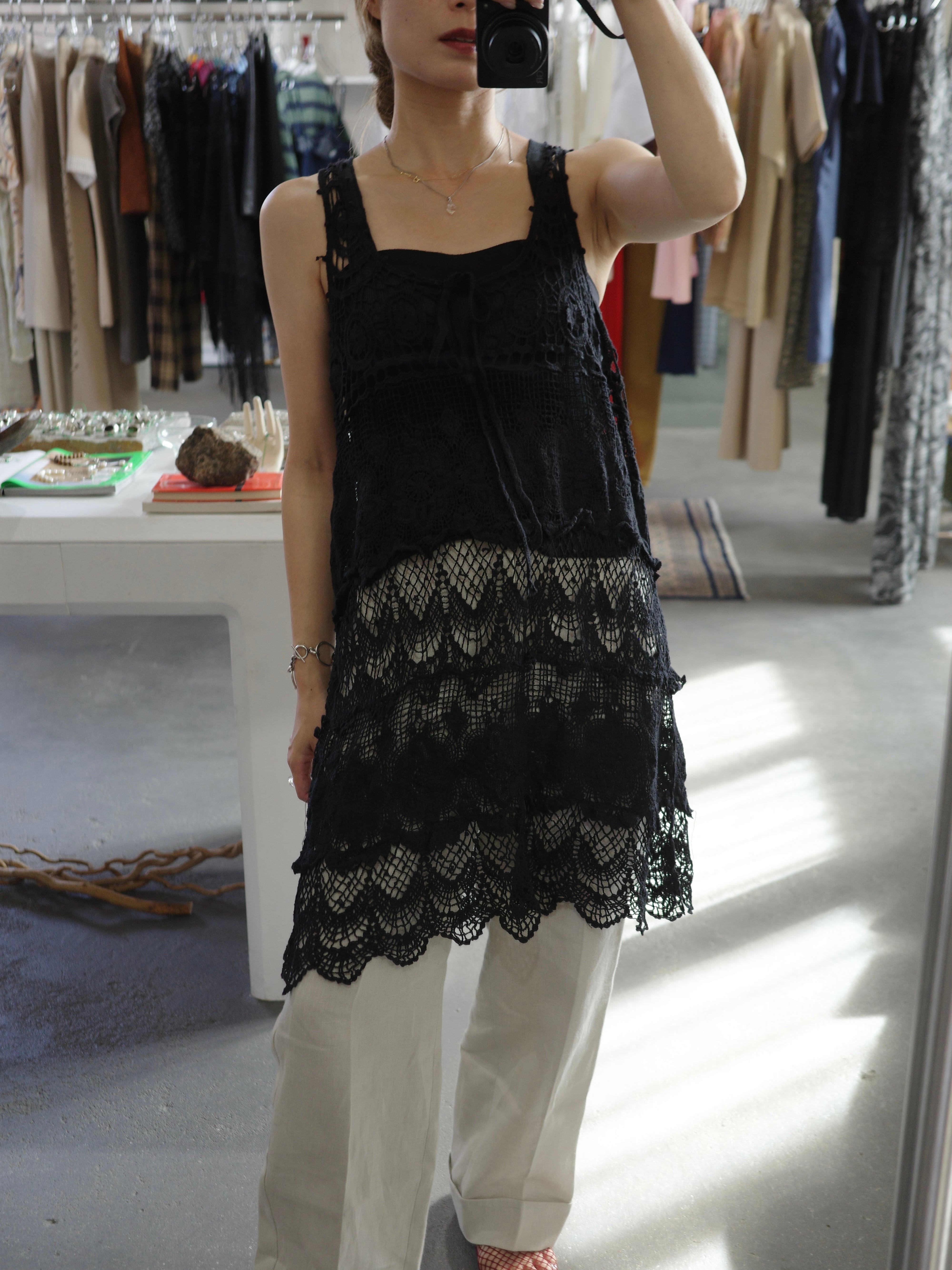 <vintage>black crochet tunic