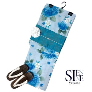 浴衣ジェンヌ 浴衣5点セット 水彩画調の紫陽花や菖蒲 ライトブルー 半幅帯