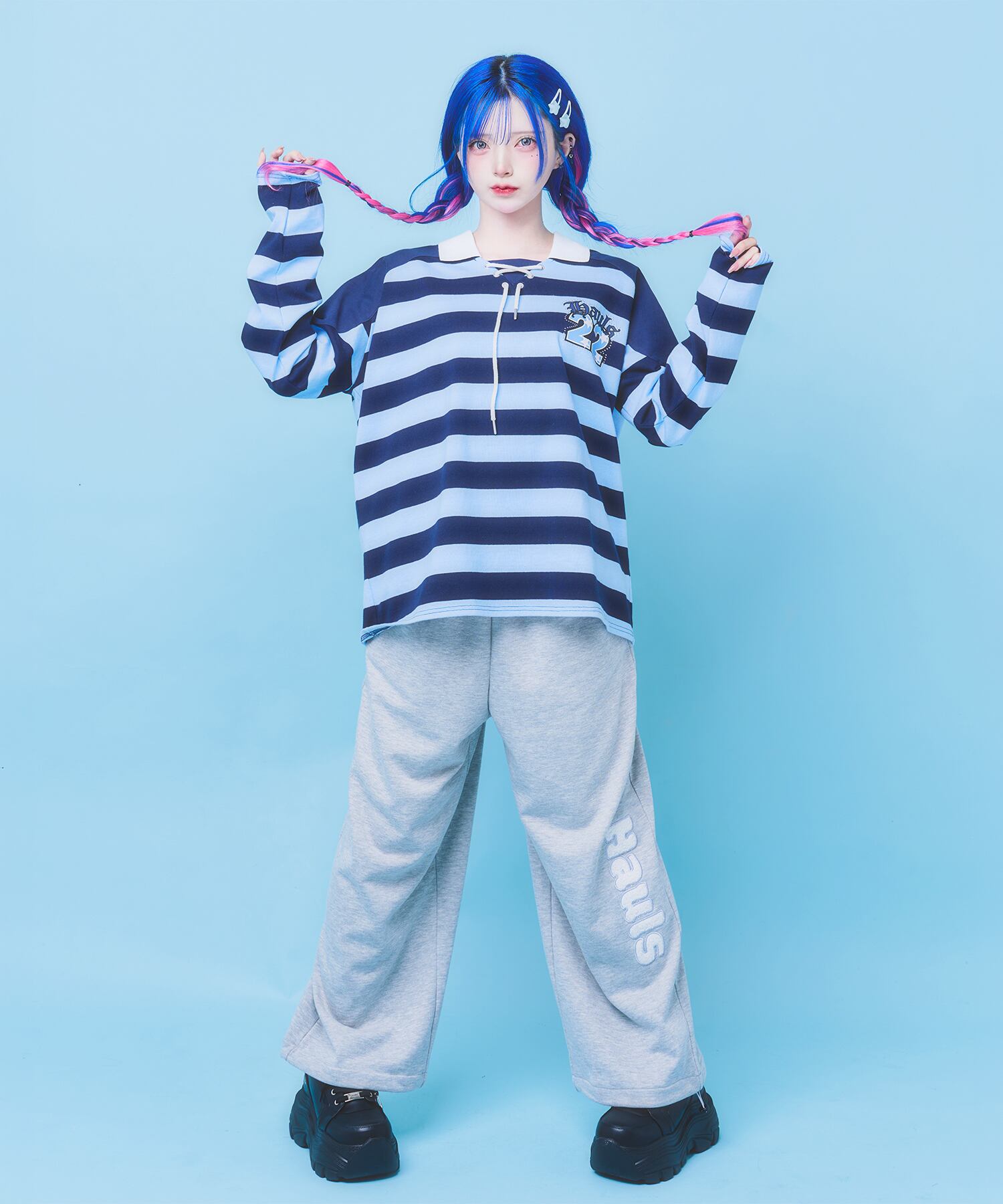 かつきくん着用 DIME ネイビー Wave ラガーシャツ ラガーシャツ PANELLED LOOPBACK (NAVY/BLUE)【ワックスロンドン日本