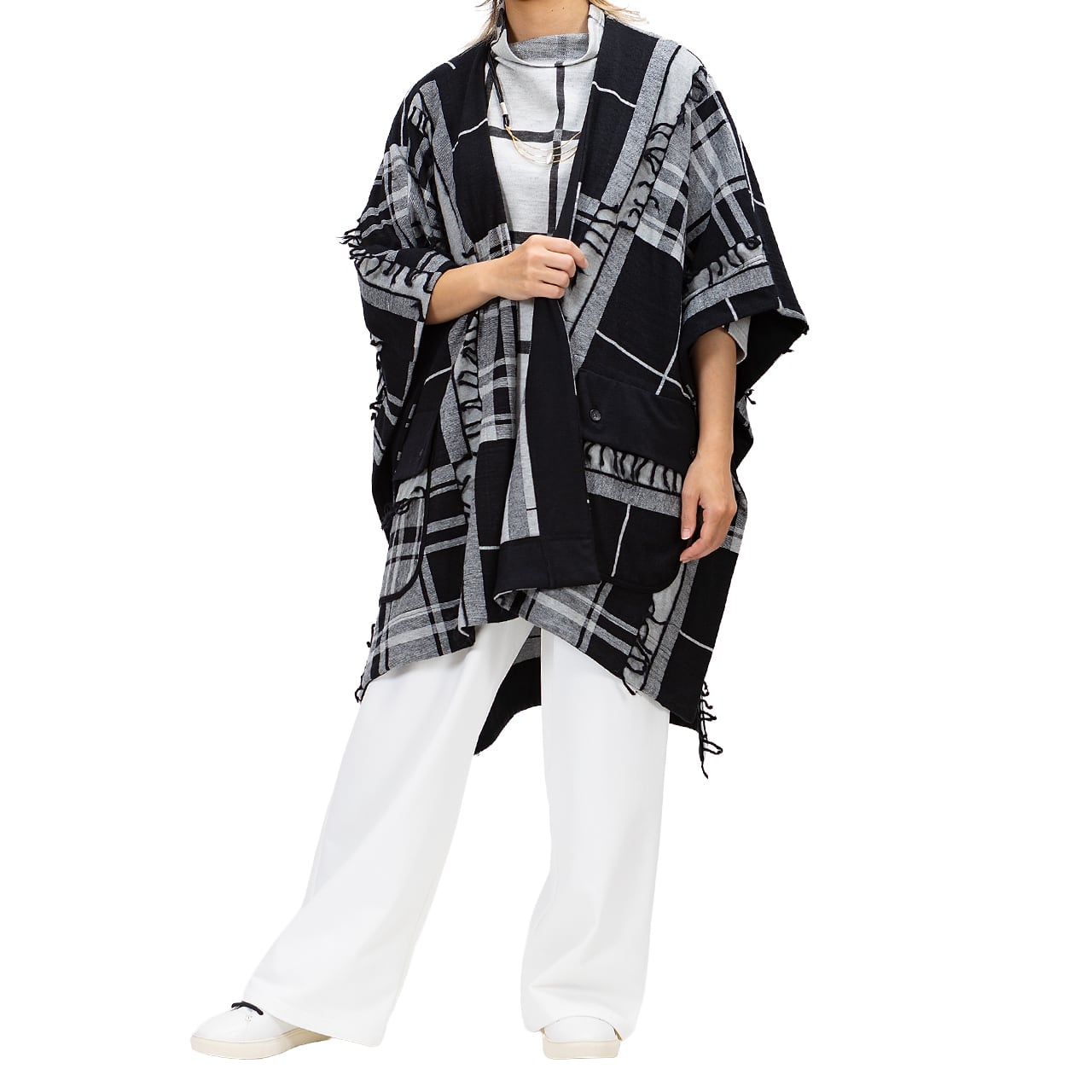 【最新作】フリンジビッグチェックポンチョ【256-4234】