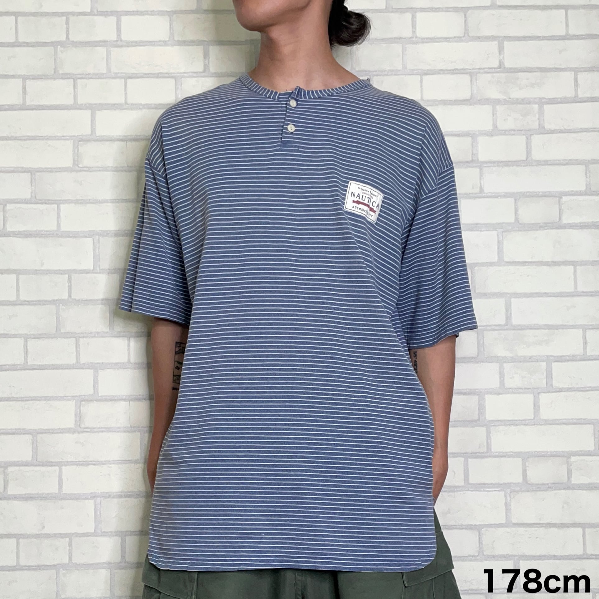 90's】NAUTICA 半袖Tシャツ XL ヘンリーネック ボーダー | 古着屋OLDGREEN