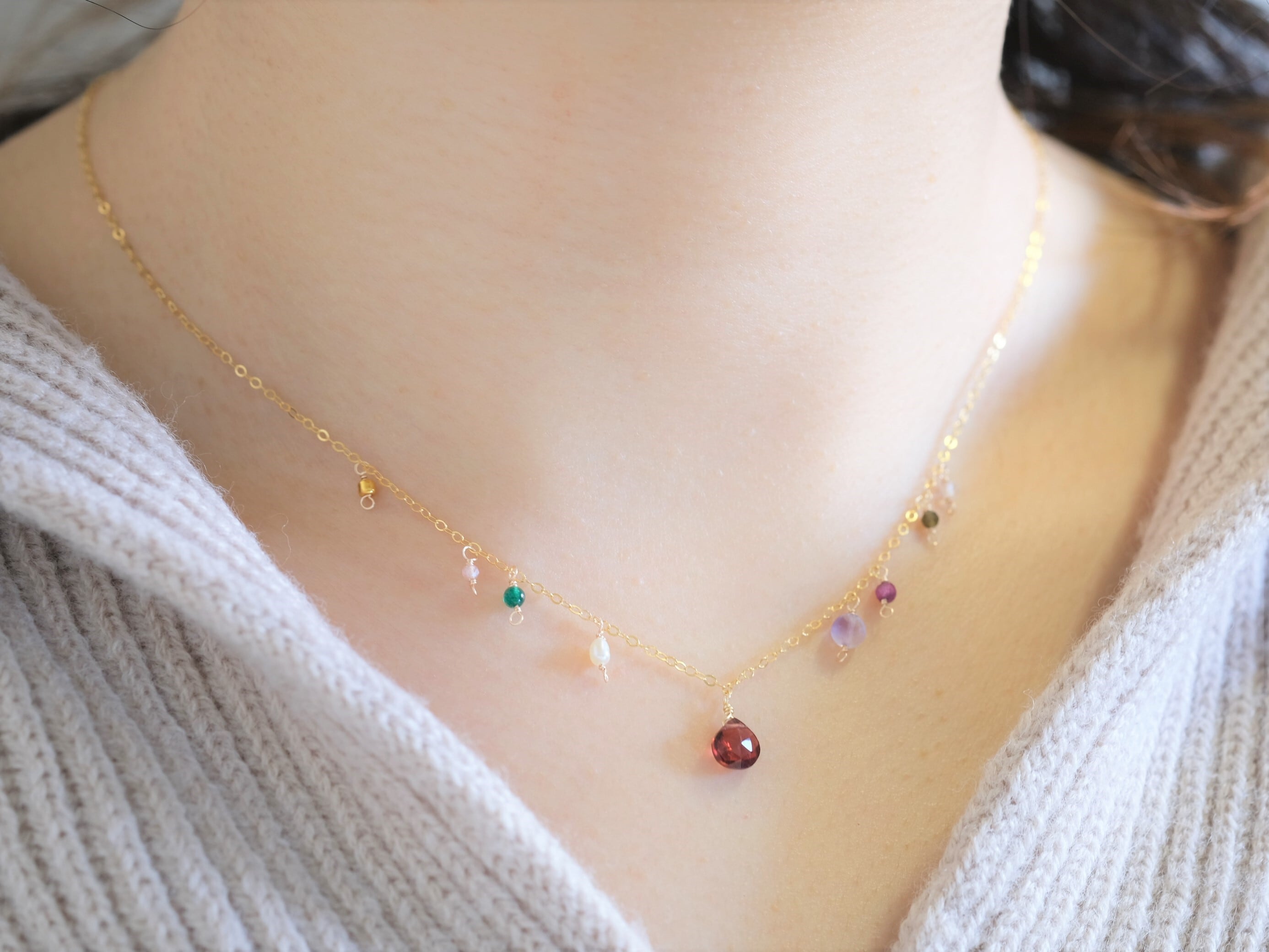 Granatepli necklace：天然石ネックレス　レッドガーネット×ルビー×アメジスト×ルビー×オプシディアン