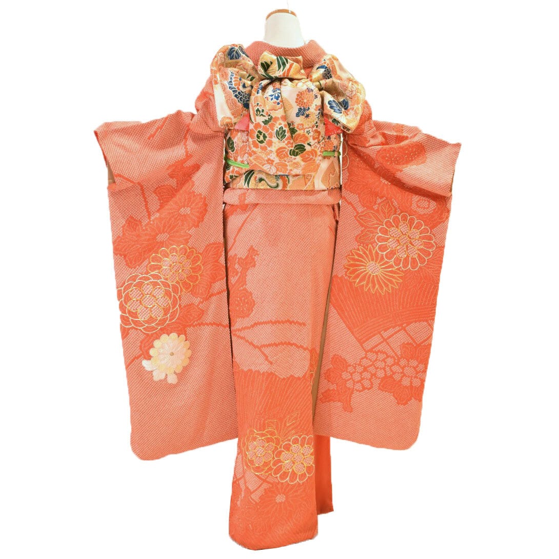 180 振袖フルセット 正絹 青紫 コーラルオレンジ 有り難く 総絞り 暈し  